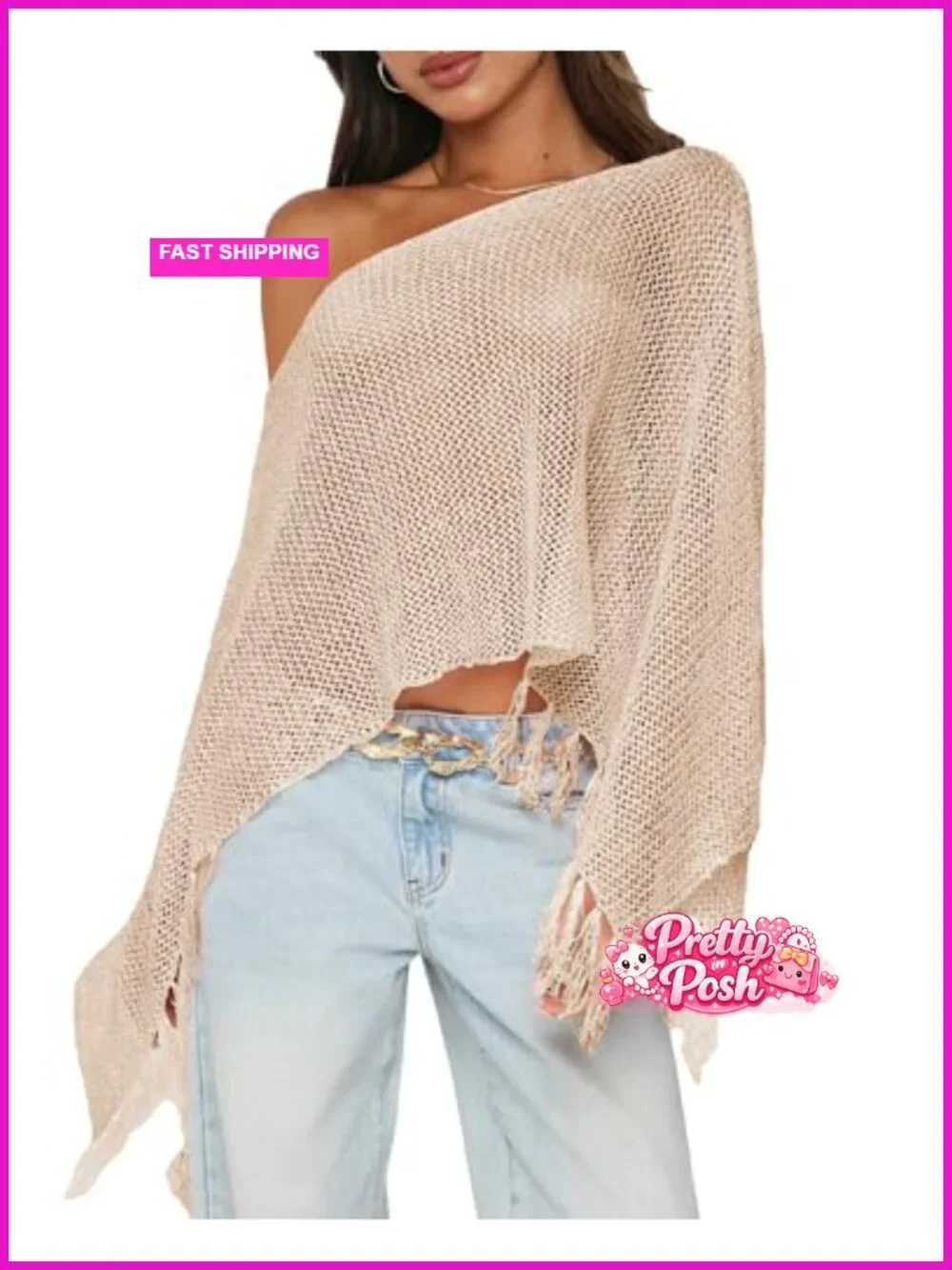 Sheer Knit Fringe Poncho Asymmetric One Shoulder Beach Cover Up
